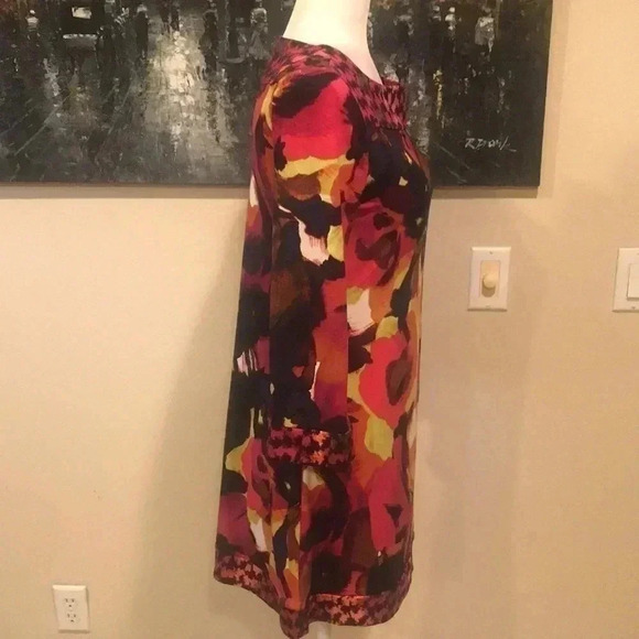 Alfani Floral Multicolor 3/4 Bell Sleeve Mini Dress with Abstract Trim-Size XS - Picture 3 of 11